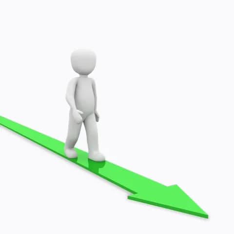 man walking above the thin green arrow